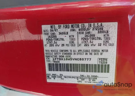 1997 Ford F-150 Lariat/Xl/Xlt from USA, damaged, VIN 1FTDX18W5VNC80777